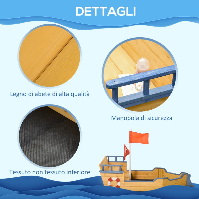 Outsunny Sabbiera per Bambini in Legno a Forma di Nave dei Pirati con Vano Contenitore, 158x78x45.5 cm