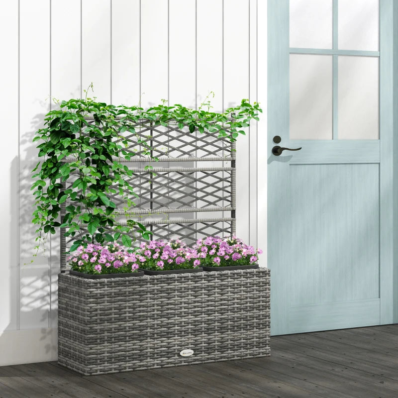 Outsunny Fioriera con Grigliato per Rampicanti con 3 Vasi in Acciaio e Rattan PE, 84x30x107cm, Grigio