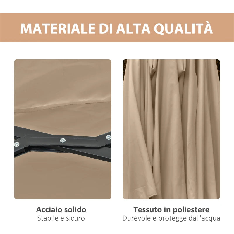 Outsunny Ombrellone da Giardino Doppio 4.5m con 48 Luci LED e Manovella, Cachi