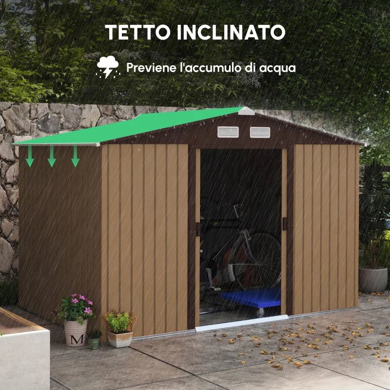 Outsunny Capanno per Attrezzi 4.9m² con Fondazione, 4 Prese d'Aria e 2 Porte Scorrevoli in Acciaio, 277x195x192cm, Giallo