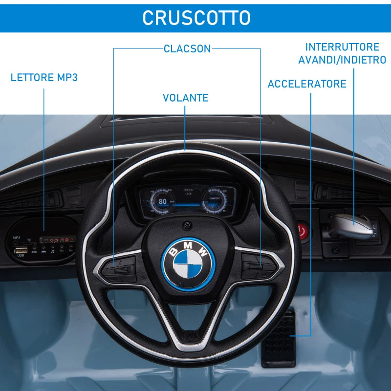 HOMCOM Macchina Elettrica per Bambini 3-8 anni Licenza BMW I8 Coupé con Telecomando e 2 Porte, 115x72.5x46 cm, Blu
