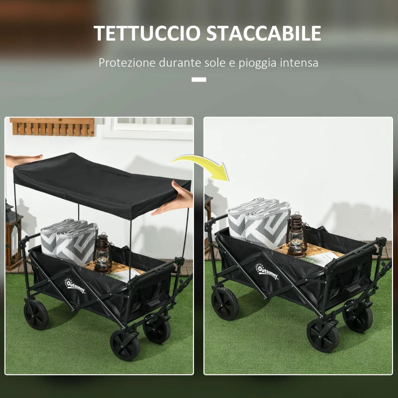 Outsunny Carrello da Giardino 110L con Maniglia Telescopica e Tettuccio in Acciaio e Tessuto Oxford, Nero
