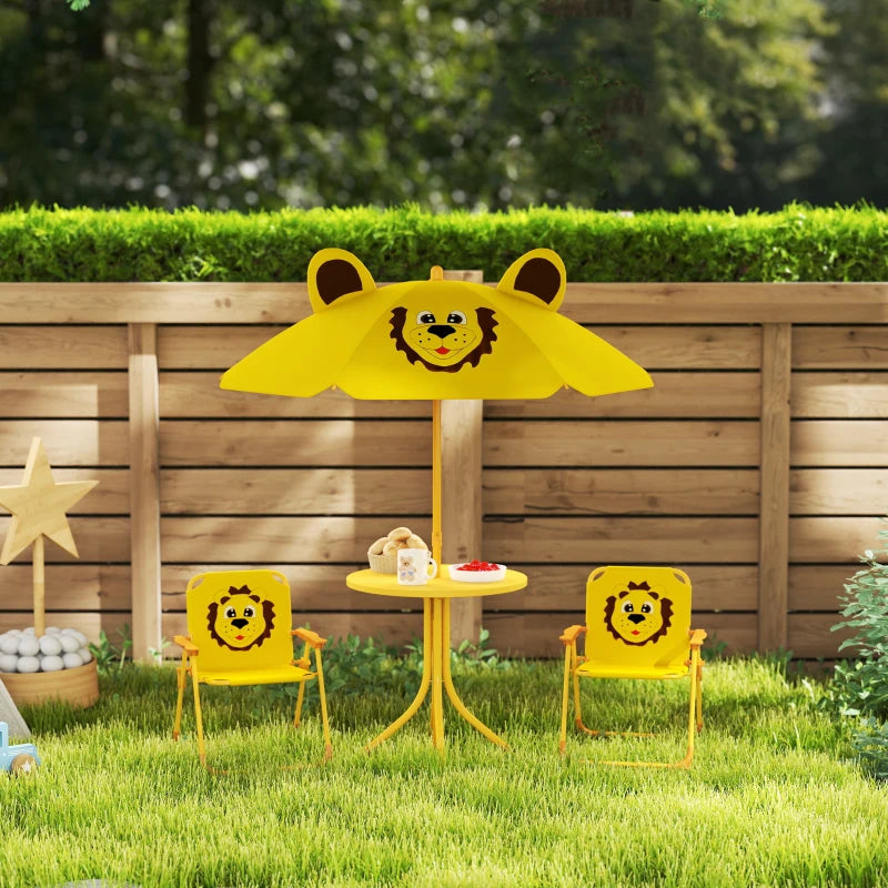 AIYAPLAY Set da Giardino per Bambini 2-5 Anni con Tavolino Rotondo, 2 Sedie Pieghevoli e un Ombrellone, Giallo