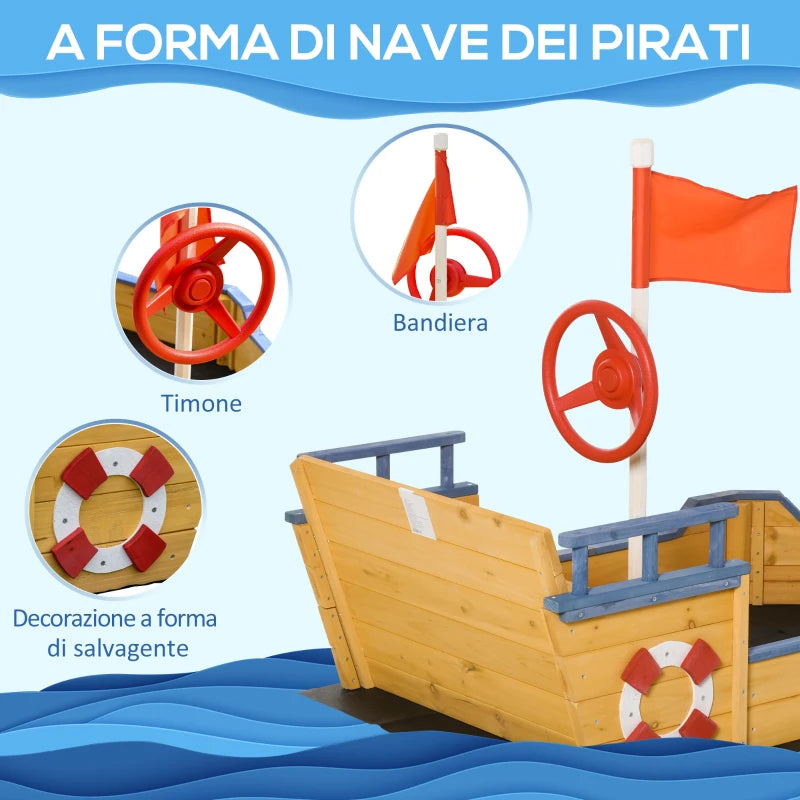 Outsunny Sabbiera per Bambini in Legno a Forma di Nave dei Pirati con Vano Contenitore, 158x78x45.5 cm