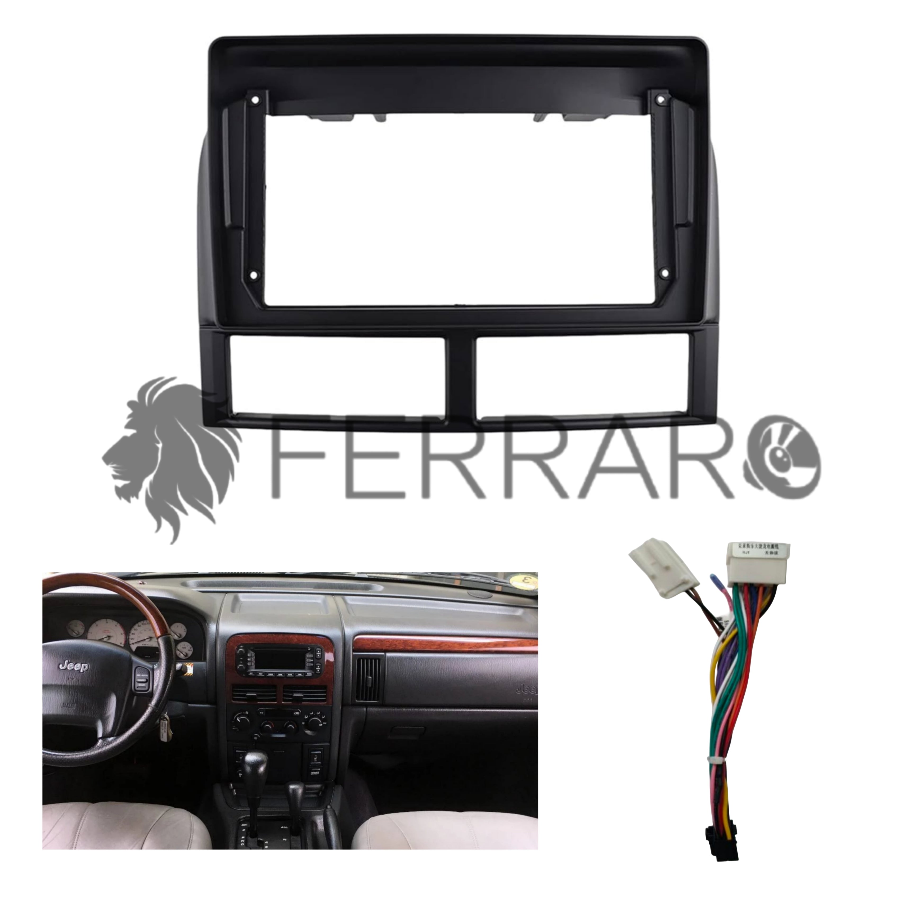Kit Montaggio Autoradio 9"Pollici Jeep Grand Cherokee (1998-2004), Mascherina, Cablaggio per Autoradio Android