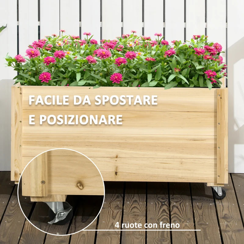 Outsunny Fioriera da Giardino con Foro di Drenaggio e Rotelle, in Legno di Abete, 89x48x47 cm