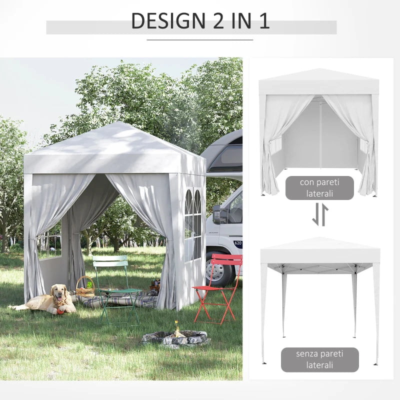 Outsunny Gazebo Pieghevole Pop Up 2x2 m con 4 Pareti Rimovibili in Poliestere e Acciaio, Bianco