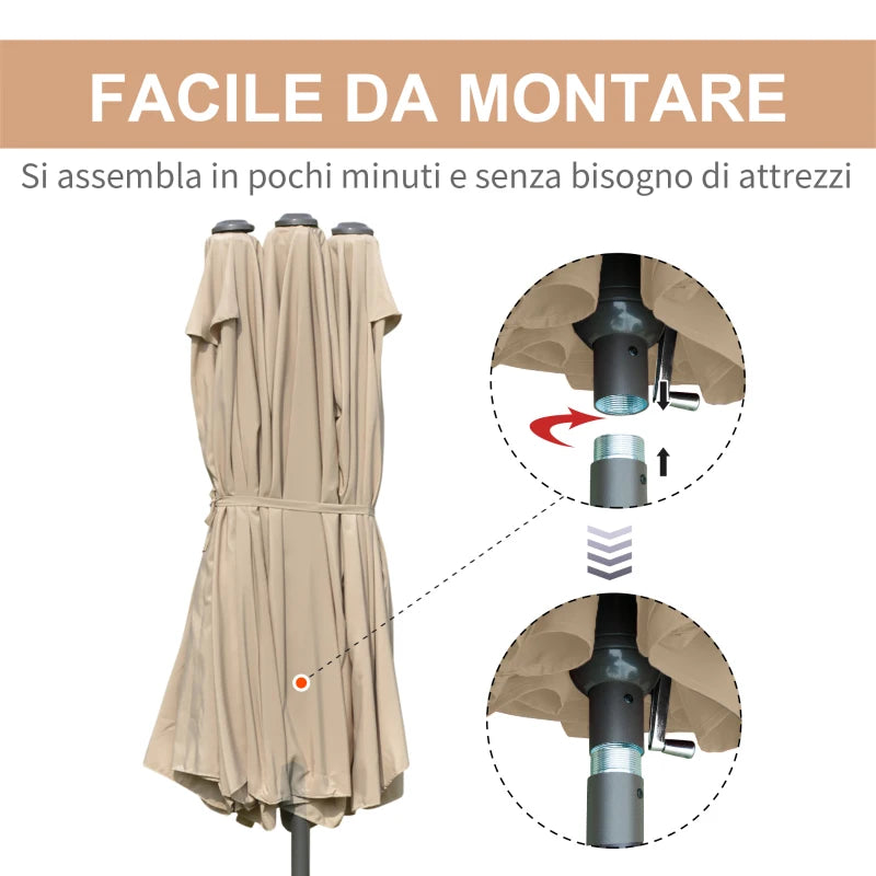 Outsunny Ombrellone da Giardino Doppio 460x270cm, Ombrellone da Esterno con Apertura a Manovella, Base a Croce e Zavorra, Acciaio e Poliestere Khaki
