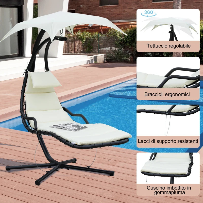 Outsunny Sdraio Sospesa da Giardino, Lettino Sospeso Imbottito per Esterno con Tettuccio, Crema 190x115x190cm