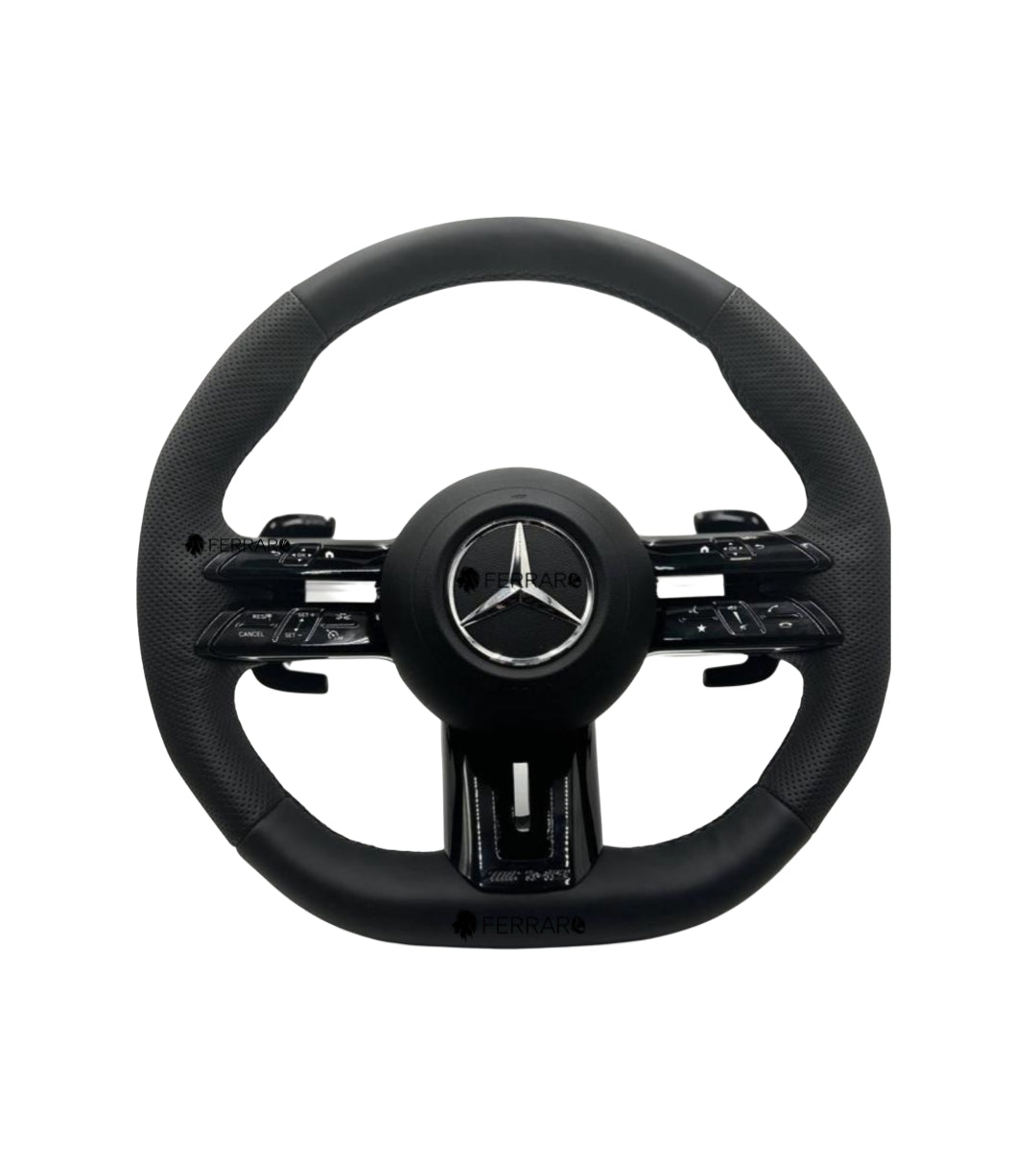 Volante per Mercedes, Nero Lucido, Logo Argento, Filo Nero, Perforato