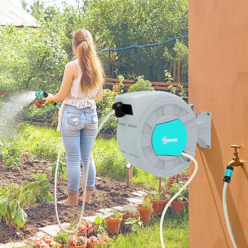Outsunny Avvolgitubo Automatico a Parete e Portatile Lunghezza 25+2 m, Sistema di Blocco e 7 Getti, Grigio