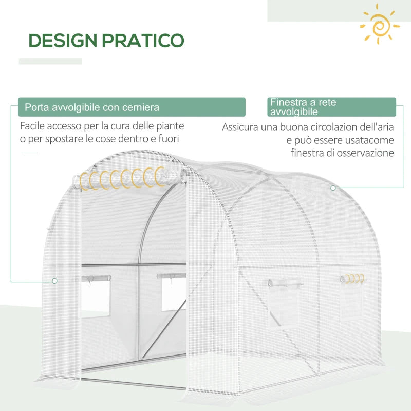 Outsunny Serra a Tunnel con 4 Finestrelle e Ingresso a Zip in Acciaio Zincato e PE, 3x2x1.9 m, Bianco