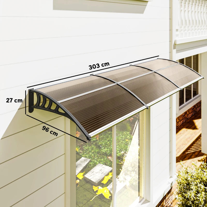 Outsunny Pensilina da Esterno per Finestre e Porte, in Policarbonato e Alluminio, 303x100x26cm - Marrone