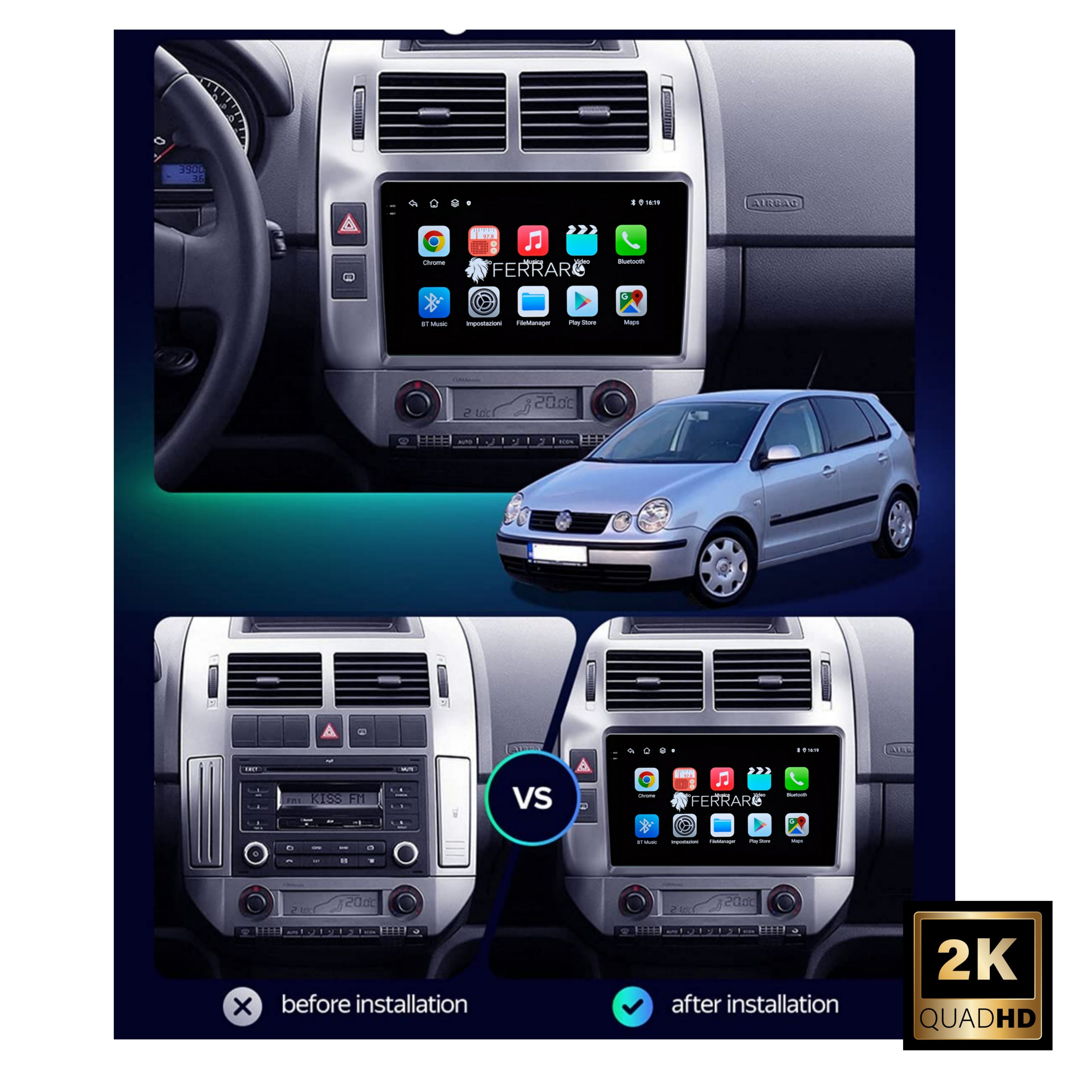 Autoradio per Volkswagen Polo 9" 2K | 2001-2009 | Android | Bluetooth | CarPlay | Android Auto | 12/256GB Ram