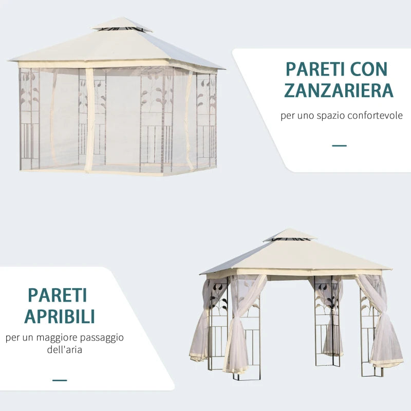 Outsunny Gazebo da Giardino 3x3m con Zanzariera, Telaio in Acciaio e Doppio Tettuccio, Bianco