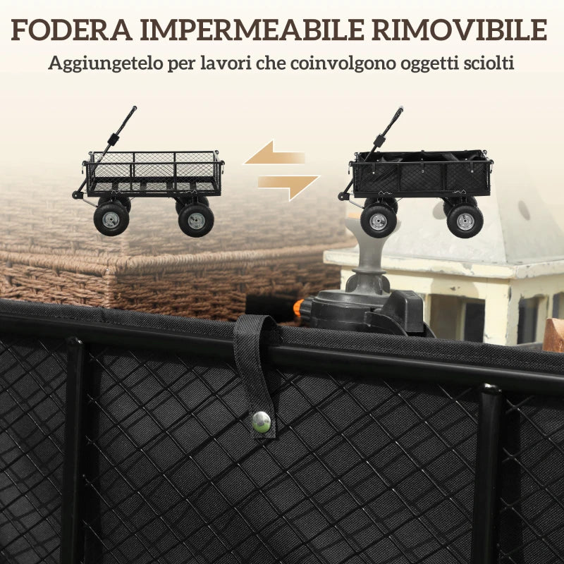 Outsunny Carrello da Giardino in Acciaio da 114L con Sacca Portaoggetti e Pareti Rimovibili, 105x51x54 cm, Nero