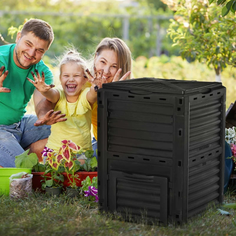 Outsunny Compostiera da Giardino, Compostiera Domestica da 300L in Plastica Nera, Bidone per Compost con Coperchio a Incastro
