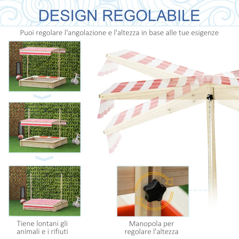 Outsunny Sabbiera per Bambini 3-8 Anni con Tettuccio Regolabile, in Legno di Abete e Poliestere, 118x118x118 cm