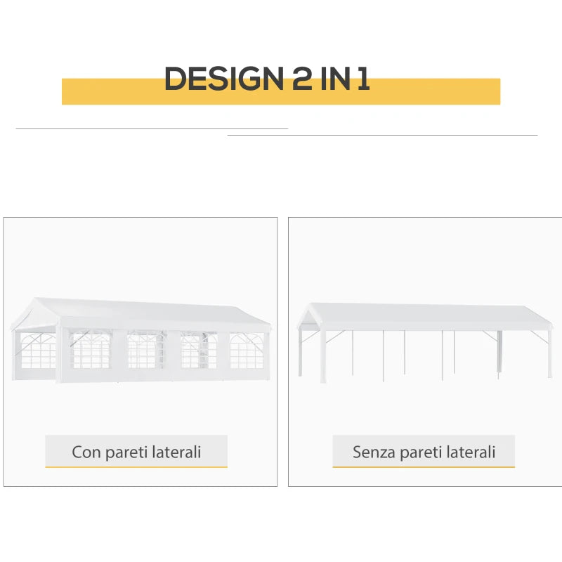 Outsunny Gazebo da Giardino 8x4m in Acciaio con Pareti Rimovibili e Finestre Trasparenti, Bianco
