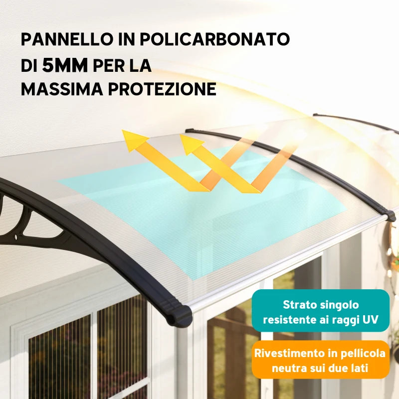 Outsunny Pensilina Tettoia da Esterno 195x75cm, Tettoia per Esterno in Policarbonato e Alluminio, per Balcone Finestre e Porte, Trasparente