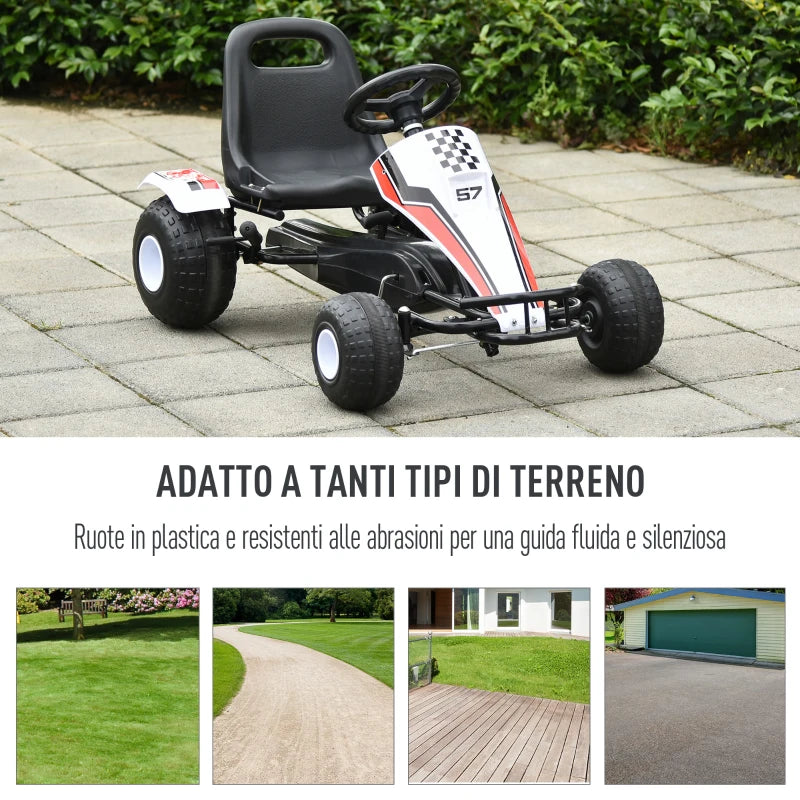 HOMCOM Go-Kart a Pedali Bianco per Bambini 3-6 Anni con Sedile Regolabile, Ruote in Plastica, Freno a Mano e Cambio