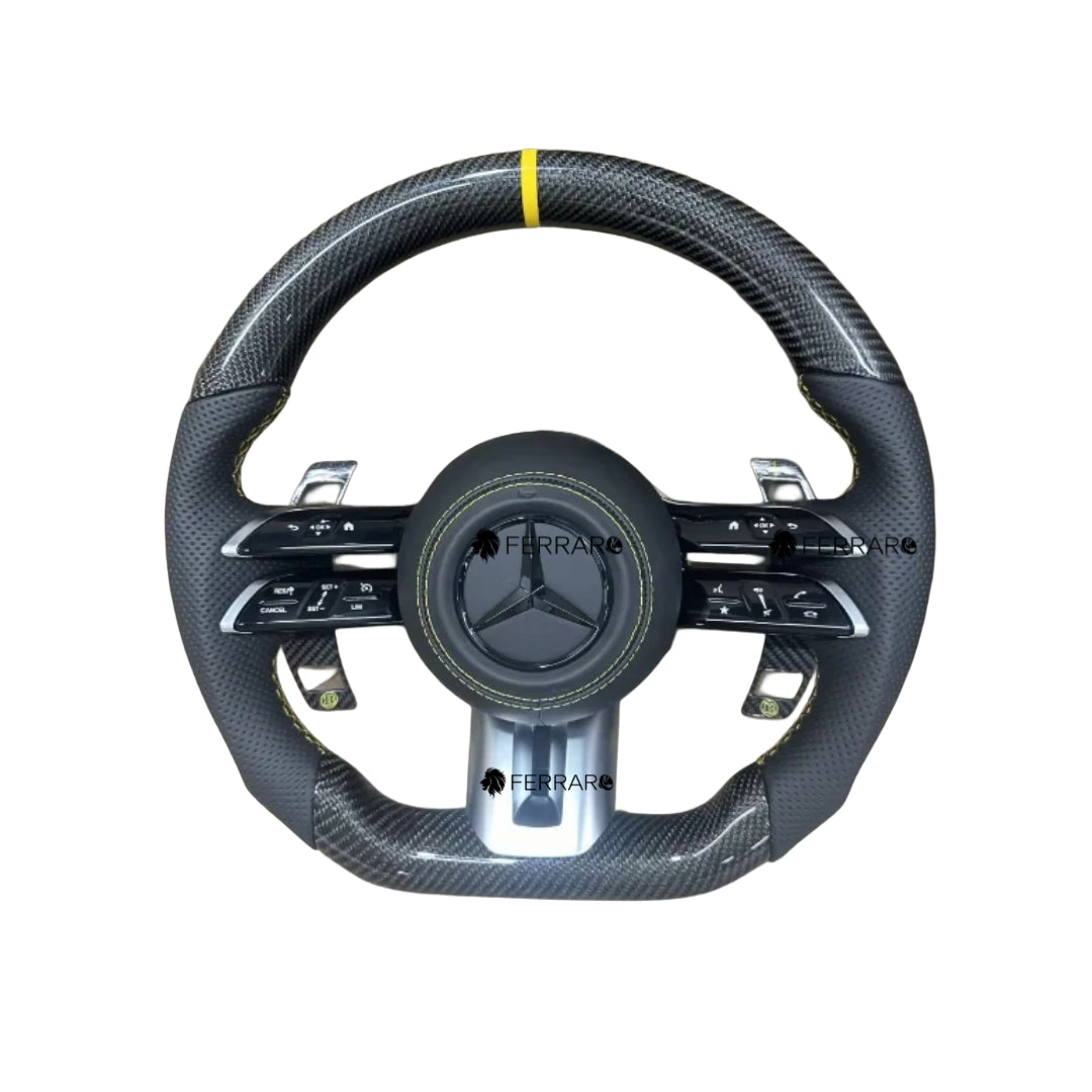 Volante per Mercedes, Carbonio Diagonale, Logo Nero, Punzonatura Nera, Palette Carbonio Gialle +-, Linea Gialla, AMG