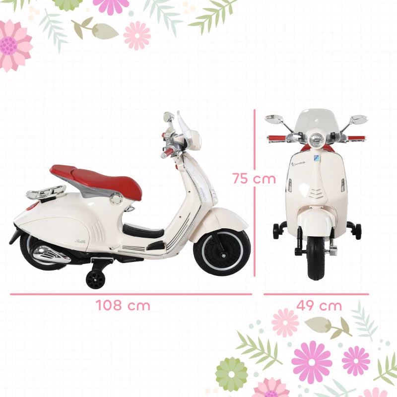 HOMCOM Moto Elettrica per Bambini con Licenza Ufficiale Vespa, 2 Rotelle, Luci e Suoni, 108x49x75 cm, Bianca
