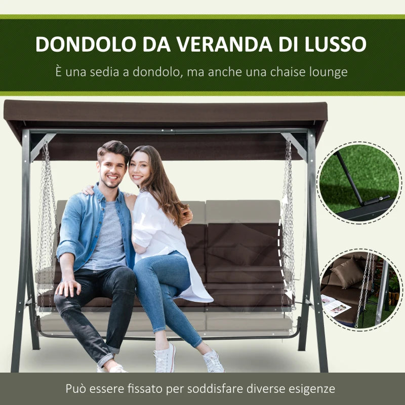 Outsunny Dondolo da Giardino 3 Posti con Cuscini, Seduta Chaise Longue e Tettuccio, 198x118x168 cm, Marrone