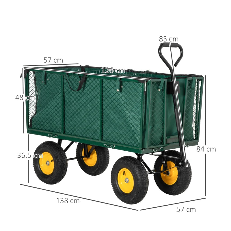 Outsunny Carrello da Giardino in Acciaio con Pareti Laterali Ribaltabili e 4 Ruote, Capienza 342L, Verde