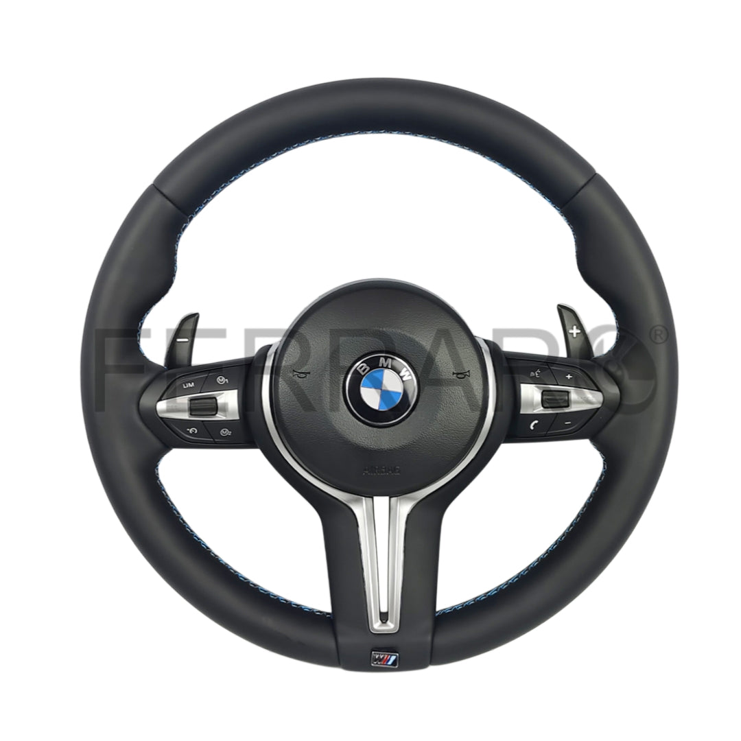 (PRENOTA) Volante per BMW, Pelle Nera, Cromatura, Filo Multicolore