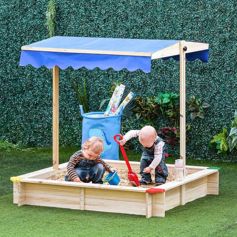 Outsunny Sabbiera per Bambini in Legno con Panca e Tettuccio Parasole Regolabile, 120x120x120cm, Colore Legno e Blu