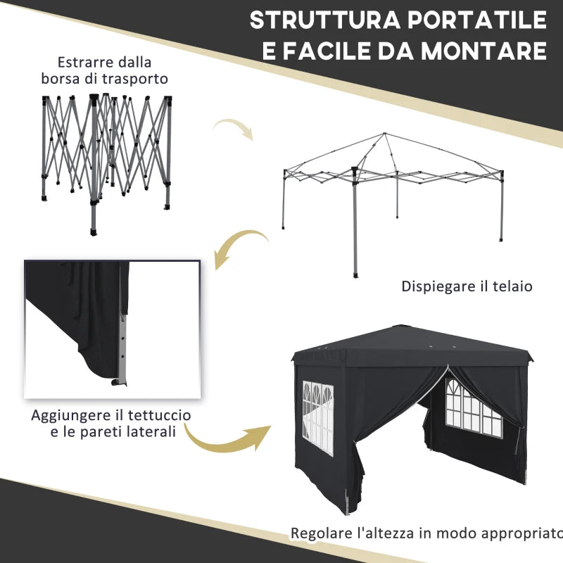Outsunny Gazebo 3x3 ad Altezza Regolabile con Fori di Drenaggio e Borsa da Trasporto, in Metallo, Grigio