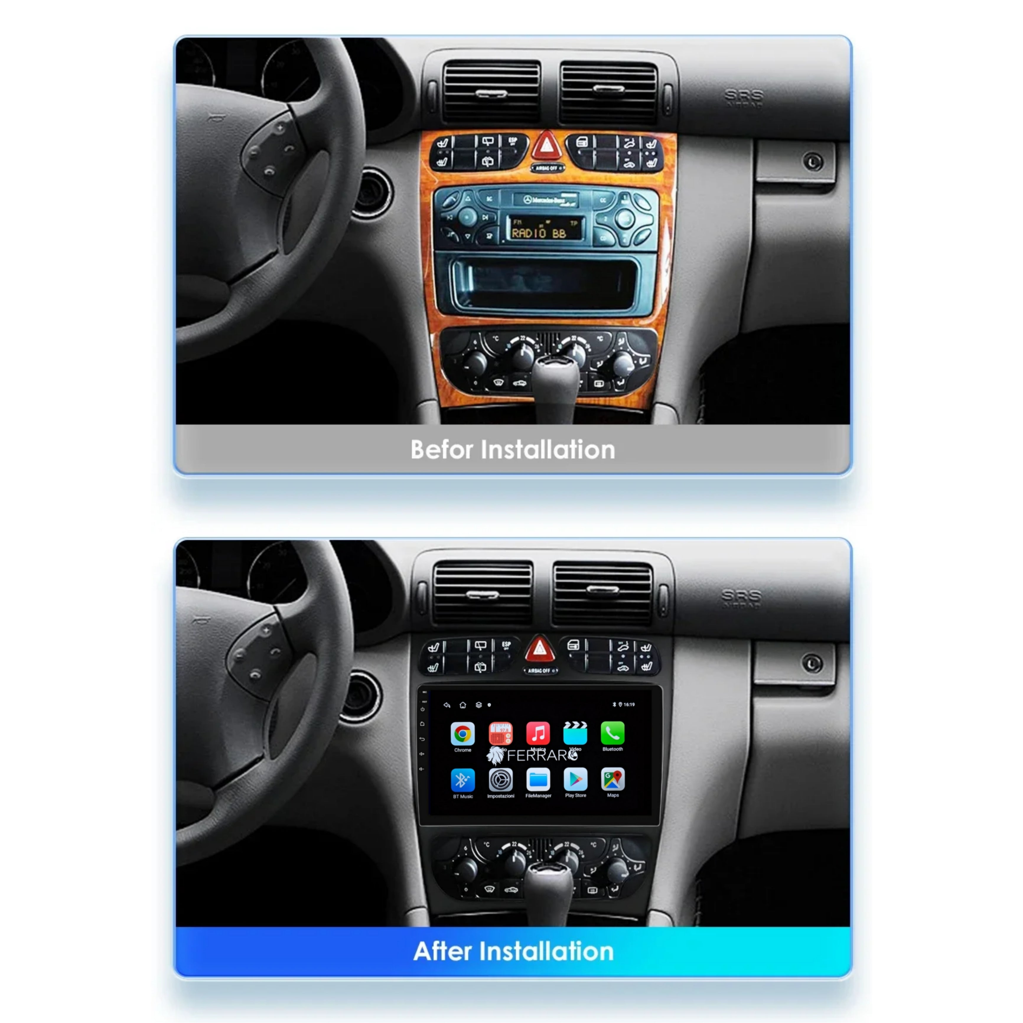 Autoradio per Mercedes Classe C 9" (2000-2004) Android, Bluetooth, CarPlay, Android Auto, 2GB/4GB/6GB/8GB Ram