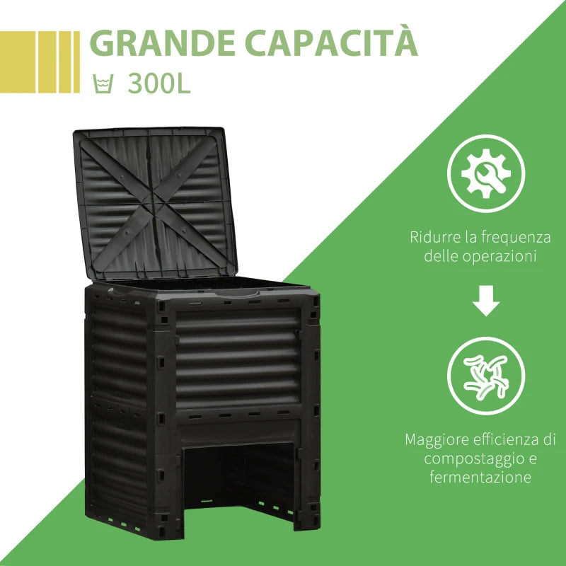 Outsunny Compostiera da Giardino, Compostiera Domestica da 300L in Plastica Nera, Bidone per Compost con Coperchio a Incastro