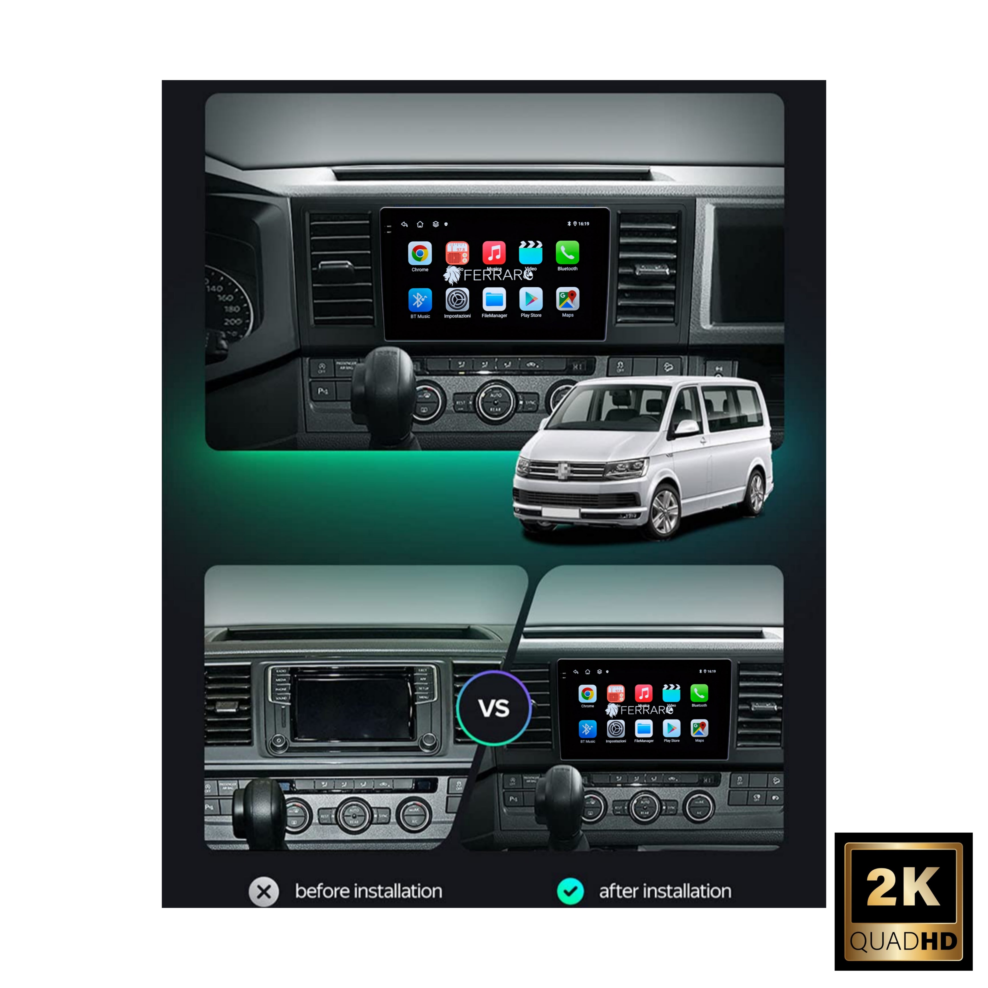 Autoradio per Volkswagen Trasporter 6 T6.1 9" 2K | 2015-2020 | Android | Bluetooth | CarPlay | Android Auto | 12/256GB Ram