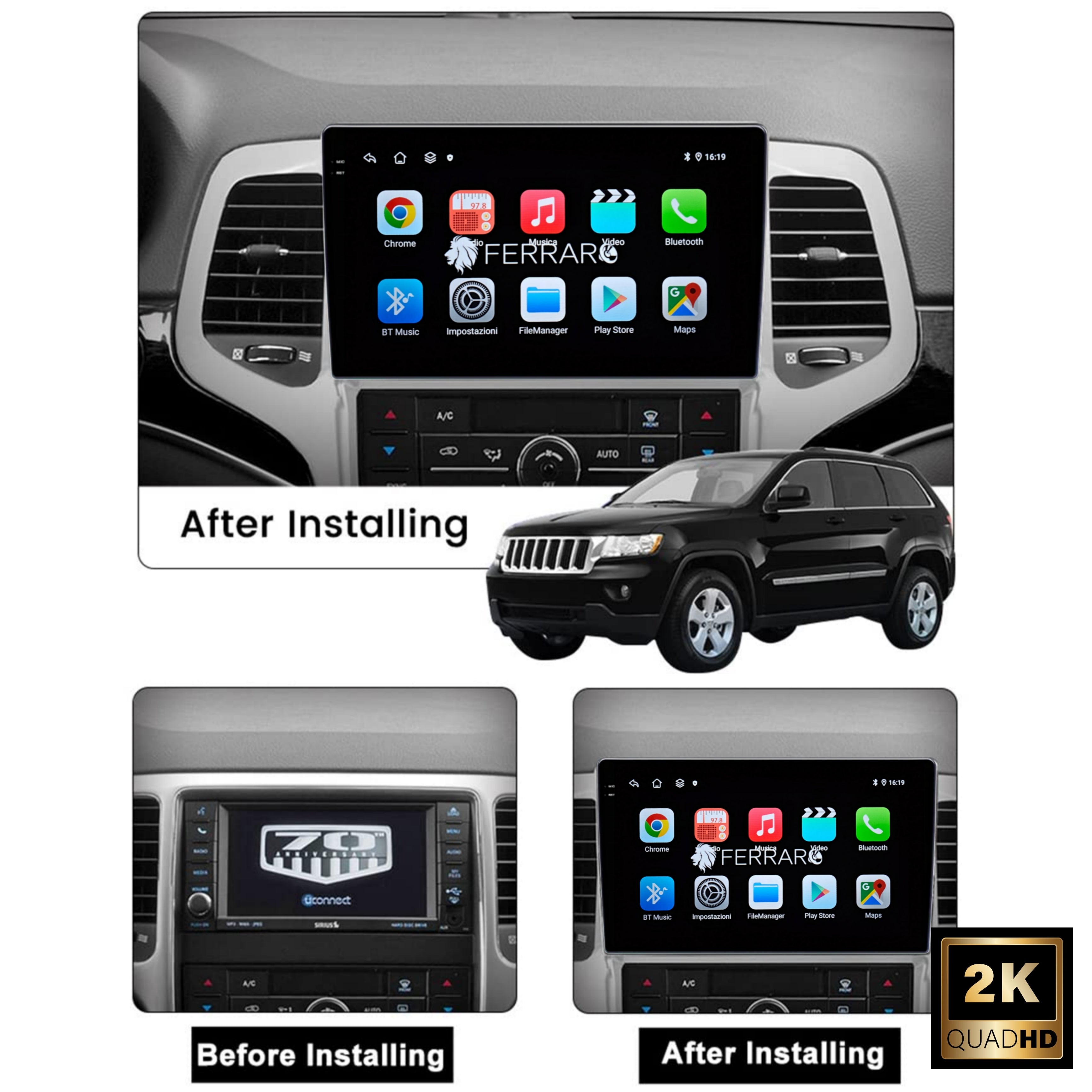 Autoradio per Jeep Grand Cherokee 9" 2K | 2010-2013 | Android | Bluetooth | CarPlay | Android Auto | 12/256GB Ram