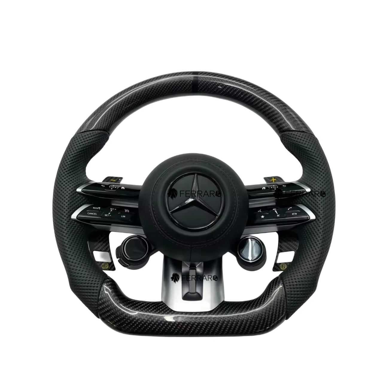 Volante per Mercedes, Carbonio Diagonale, Etichetta Nera, Linea Gialla, Punzonatura, Pomelli, AMG