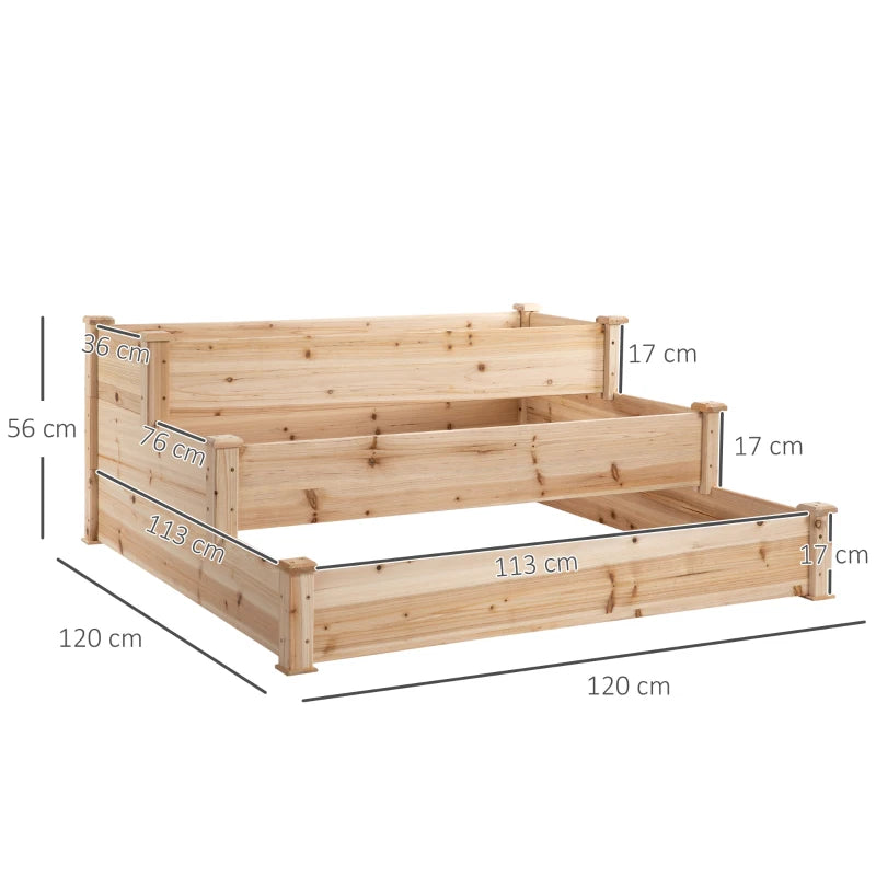 Outsunny Letto per Orto Rialzato a 3 Livelli in Legno Naturale, Fioriera Rialzata da Esterno per Piante, 120x120x56cm