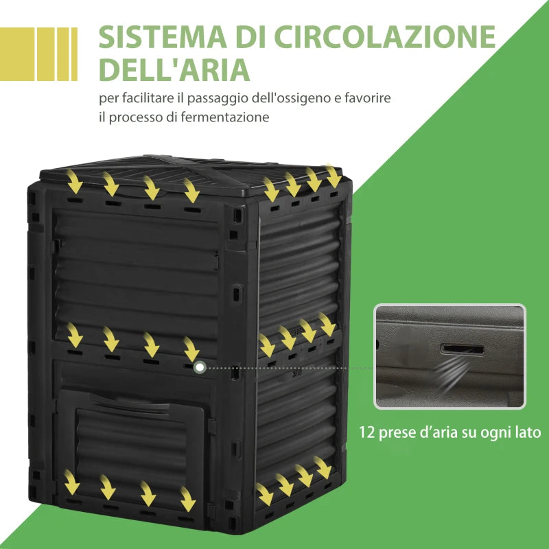 Outsunny Compostiera da Giardino, Compostiera Domestica da 300L in Plastica Nera, Bidone per Compost con Coperchio a Incastro