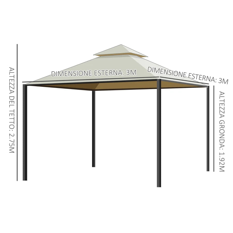 Outsunny Gazebo da Giardino 3 x 3m con 4 Tende Laterali e Doppio Tetto Beige