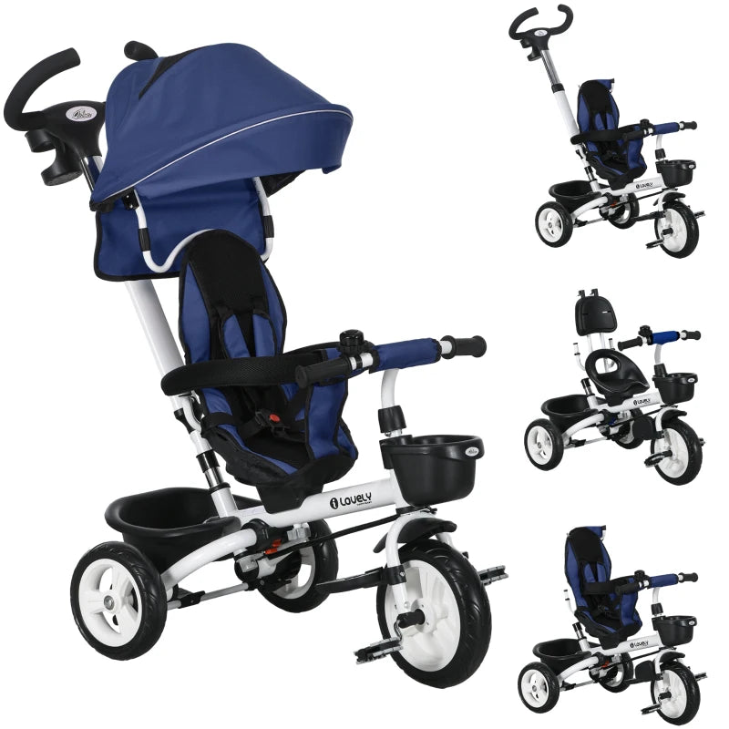 HOMCOM Triciclo Passeggino per Bambini con Maniglione, Parasole Regolabile e Cintura di Sicurezza, Blu Scuro