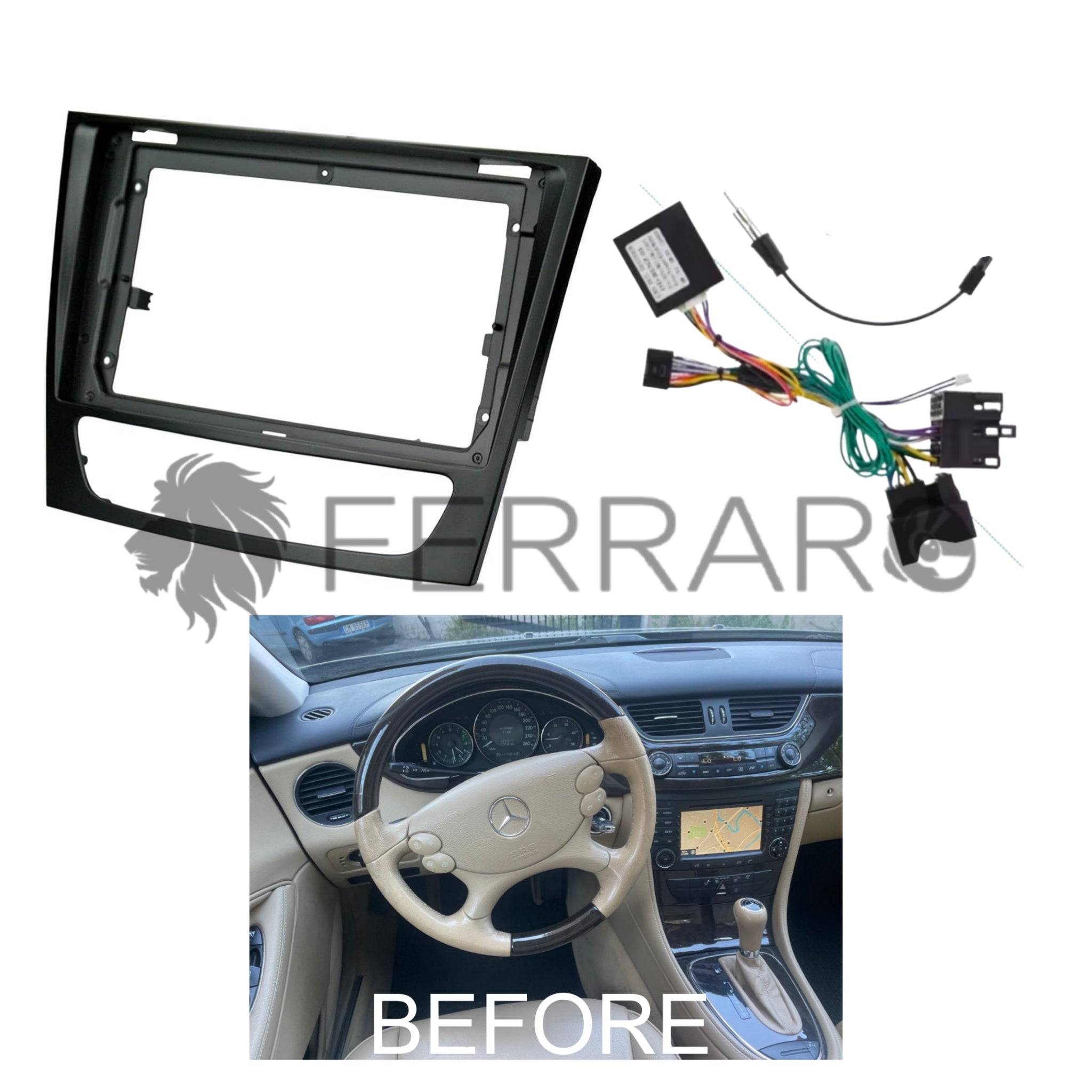 (PRENOTA) Kit Montaggio Autoradio 9"Pollici CLS, C219 (2004-2010) Mascherina, Cablaggio per Autoradio Android