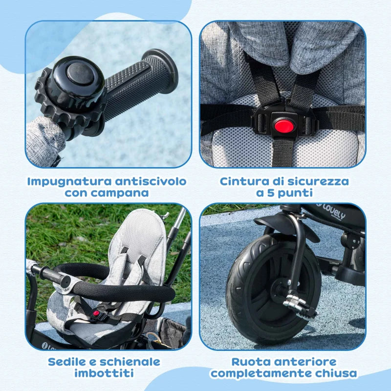 HOMCOM Triciclo per Bambini con Maniglione 6 in 1, Tettuccio Regolabile e Cintura di Sicurezza, Età 1-5 Anni, Grigio
