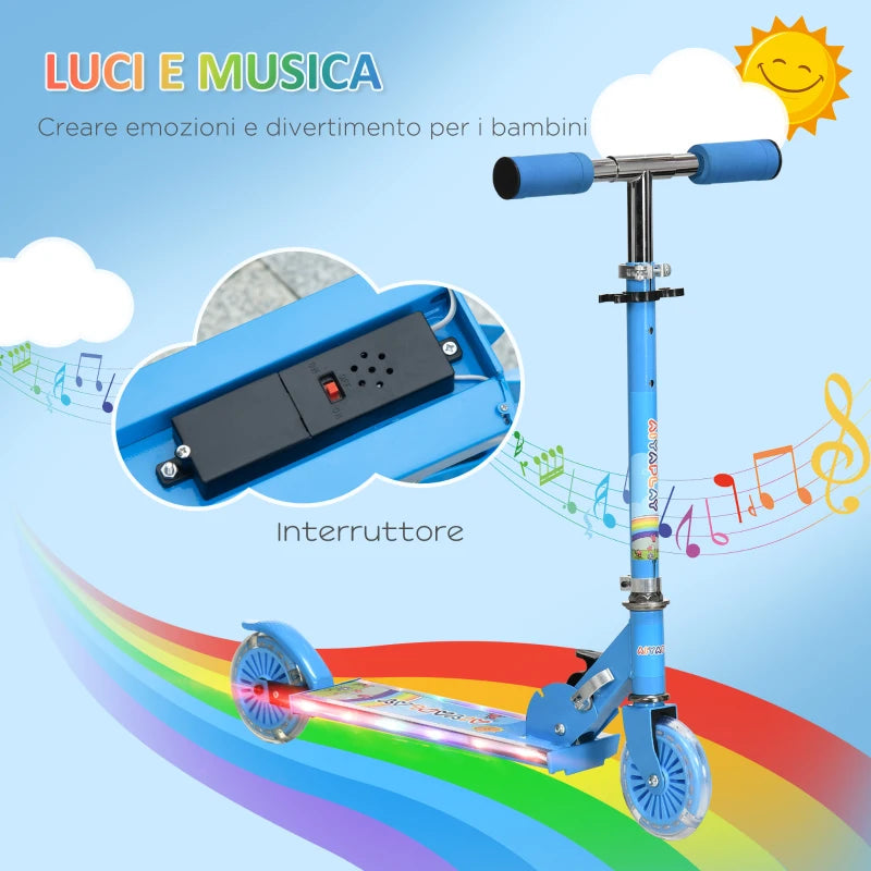 HOMCOM Monopattino per Bambini 3-7 Anni Pieghevole a 2 Ruote e Altezza Regolabile, 67x32x65-78 cm, Blu