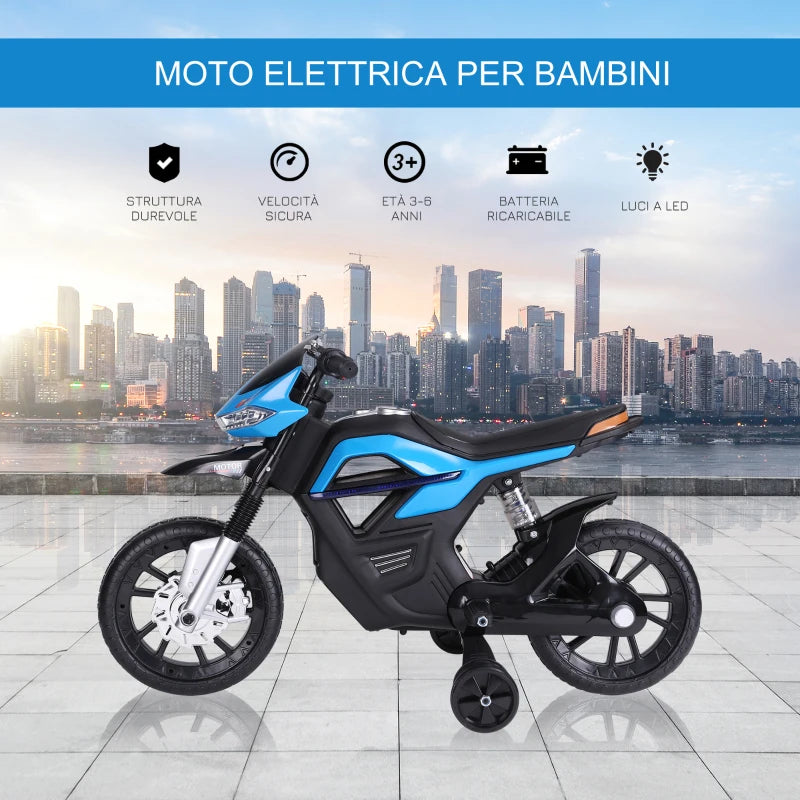 HOMCOM Moto Elettrica per Bambini da 6V con Rotelle e Fari, in PP e Metallo, 105x52.3x62.3 cm, Azzurro e Nero