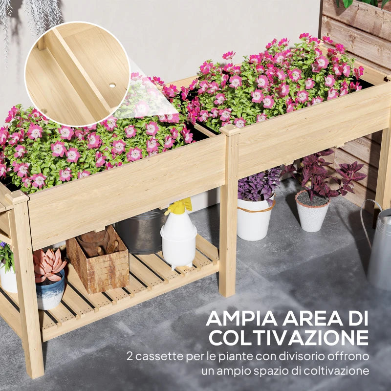 Outsunny Fioriera Rialzata con Tavolino Laterale e Ripiano Porta Attrezzi Inferiore, in Legno di Abete, 207x59x78 cm