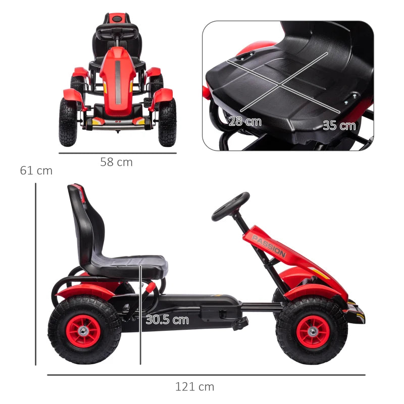 HOMCOM Go Kart a Pedali per Bambini 5-12 Anni con Sedile Regolabile e Freno a Mano, 121x58x61 cm, Rosso