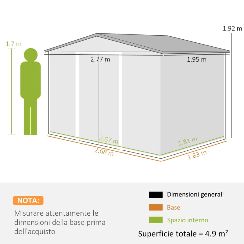 Outsunny Capanno per Attrezzi 4.9m² con Fondazione, 4 Prese d'Aria e 2 Porte Scorrevoli in Acciaio, 277x195x192cm, Giallo