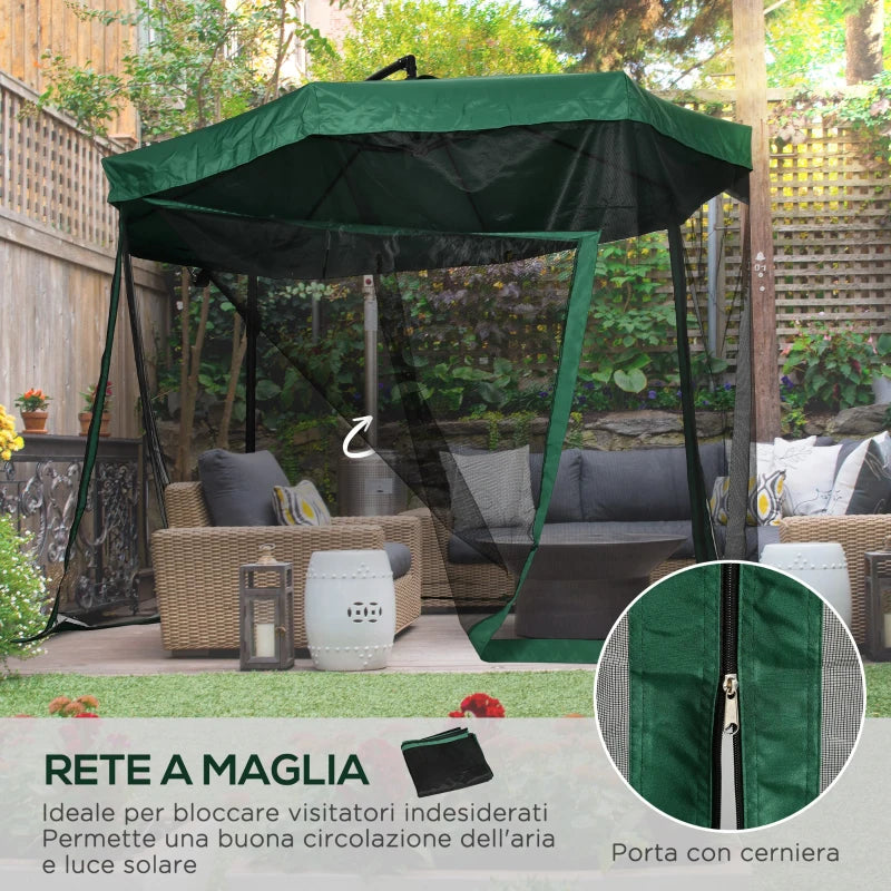 Outsunny Ombrellone da Giardino 3x3 m con Zanzariera, Apertura a Manovella e Base a Croce, Verde