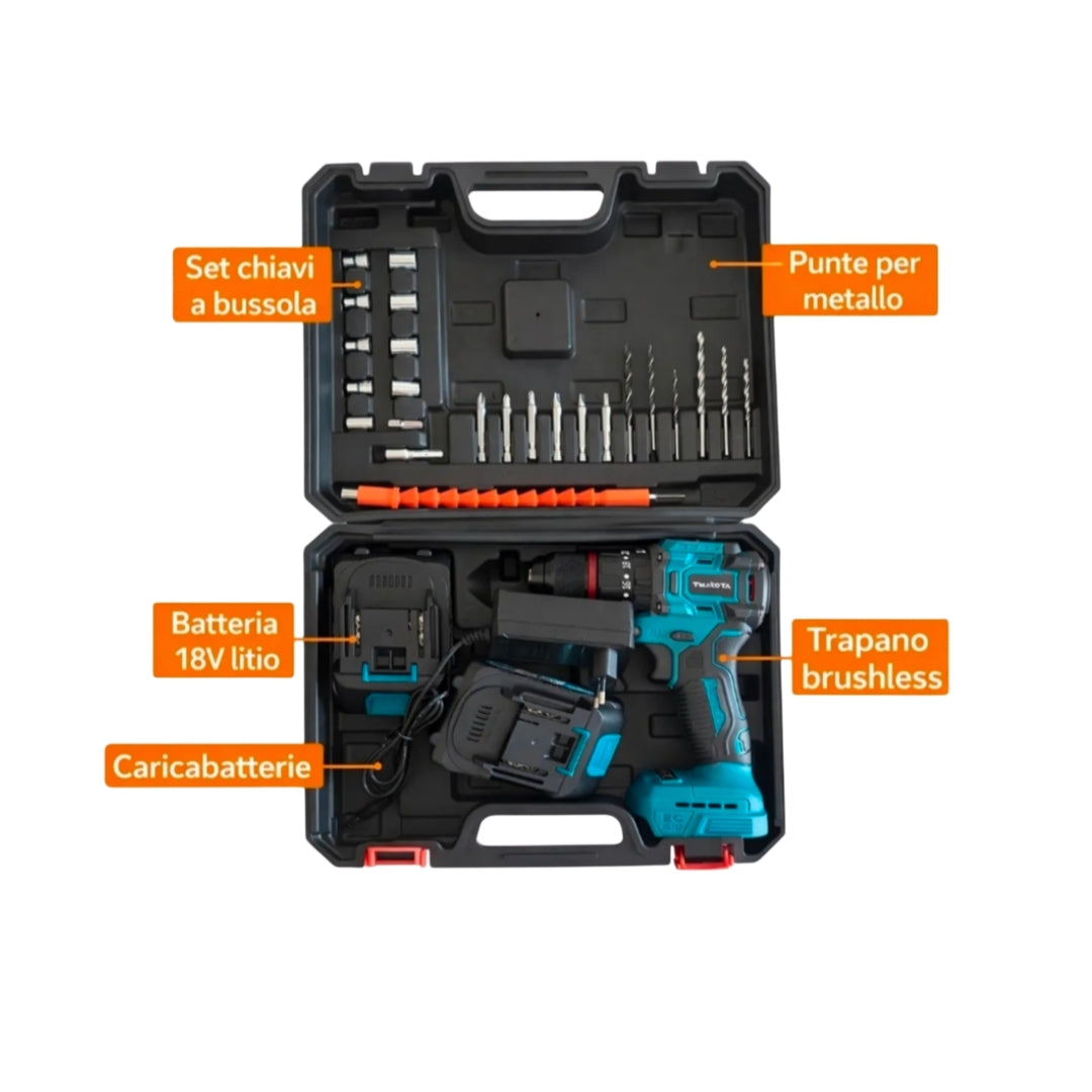 Trapano Avvitatore Brushless 48V, 2 Batterie 2.0Ah Li-Ion e Valigetta 24 Accessori